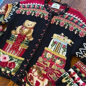 Vintage Tiara Int’l Teddy Bear and Gift Boxes Black Knit Cardigan Sweater